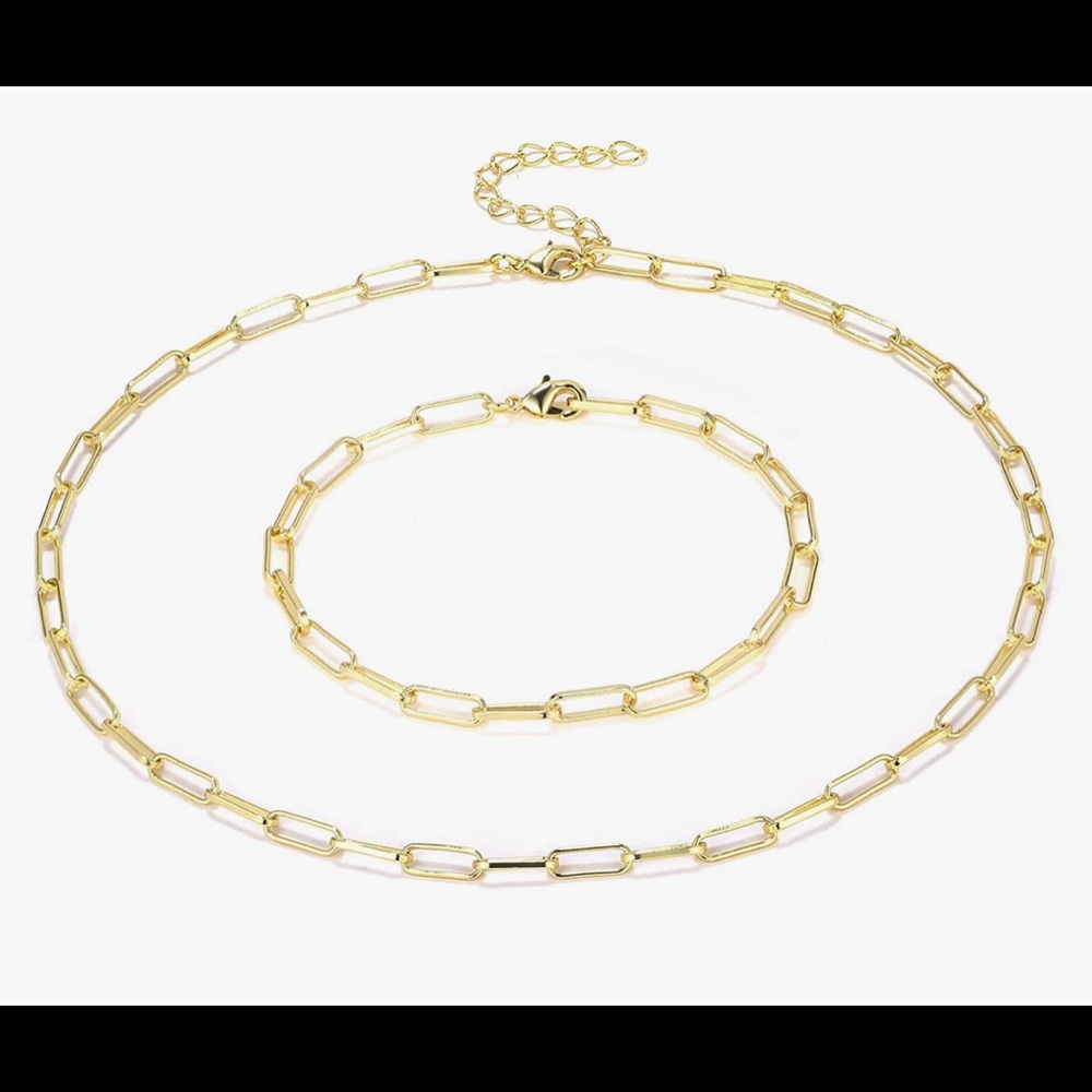 14k Gold Plated Link Necklace - 14” + 2” and 14k Gold Plated Link Bracelet - 7”